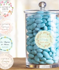 24 stickers rond Baptême personnalisés