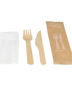 250 kits couverts bois couteaux + fourchettes + serviettes 1 pli